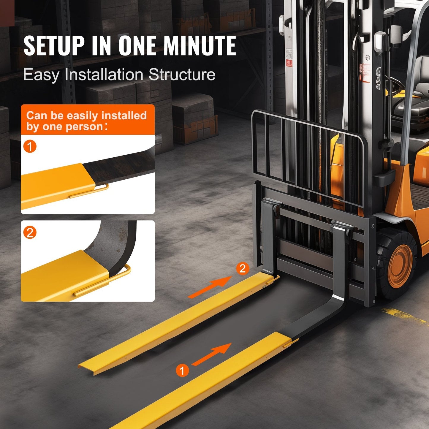 Heavy Duty 2.13m Forklift Extensions, 140mm Width, 1.815 Ton Capacity, Yellow