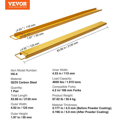 Heavy Duty 2.13m Pallet Fork Extensions for Forklift - 1 Pair, Yellow Steel