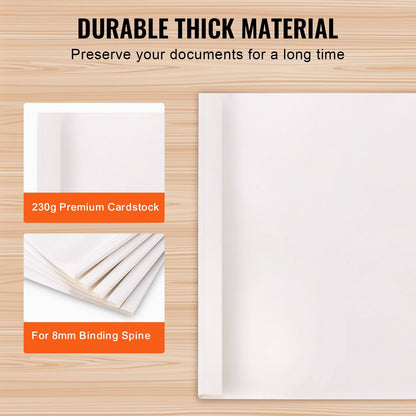 Thermal Binding Covers, 10 Pack, 8mm Spine, PVC, White Cardstock, 222x286mm