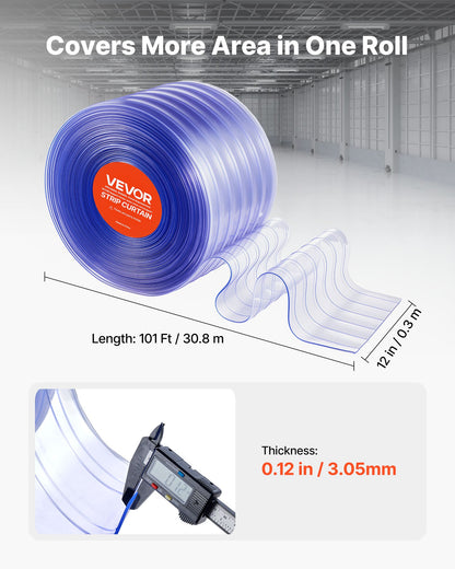 Clear PVC Strip Curtain, 30.8 m Length x 30.5 cm Width, Ribbed Plastic Door Strip Bulk Roll, Walk in Freezer Cooler Curtain Strips for Doorways of Supermarket, Garage, Warehouse, Animal House