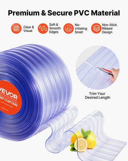 Clear PVC Strip Curtain, 30.8 m Length x 30.5 cm Width, Ribbed Plastic Door Strip Bulk Roll, Walk in Freezer Cooler Curtain Strips for Doorways of Supermarket, Garage, Warehouse, Animal House