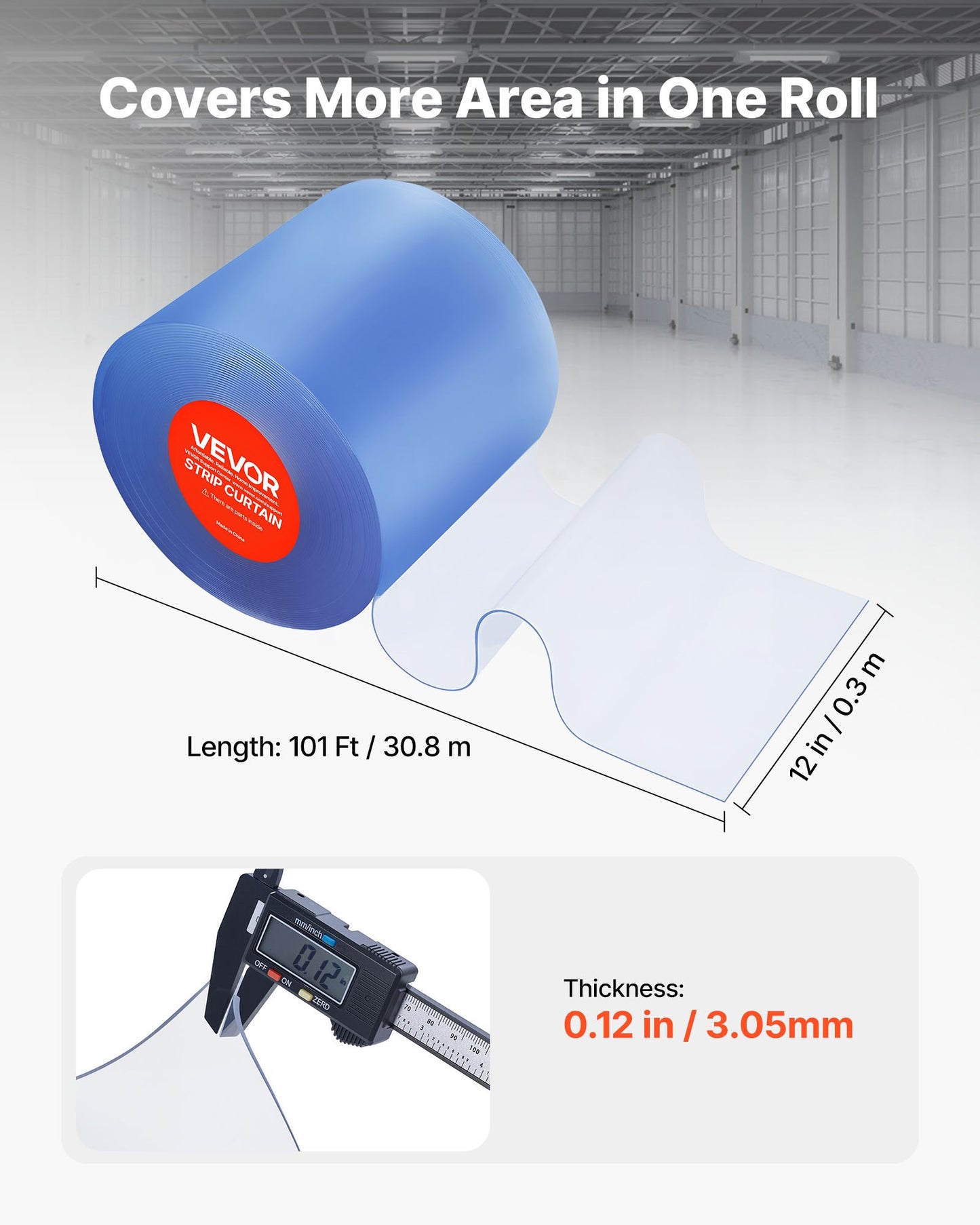 Clear PVC Strip Curtain, 30.8 m Length x 30.5 cm Width, Thermal Insulating Plastic Door Strip Bulk Roll, Walk in Freezer Cooler Curtain Strips for Doorways of Supermarket, Garage, Warehouse
