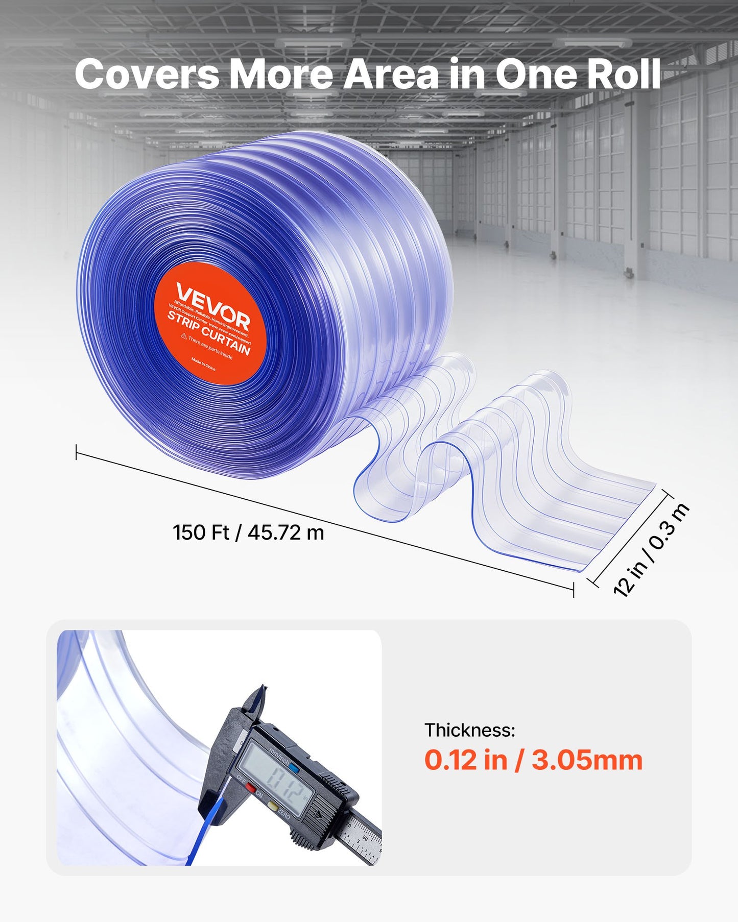 Clear PVC Strip Curtain, 45.7 m Length x 30.5 cm Width, Ribbed Plastic Door Strip Bulk Roll, Walk in Freezer Cooler Curtain Strips for Doorways of Supermarket, Garage, Warehouse, Animal House