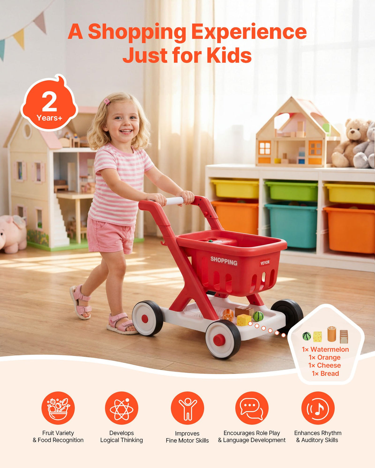 Scan & Sort Kids Shopping Cart, for Kids 2+, Toy Shopping Cart with Pretend Food, Lights & Sound, Pretend Play Grocery Store Toy Trolley, Adjustable Height Baby Push Walker, for Toddlers Ages 2+