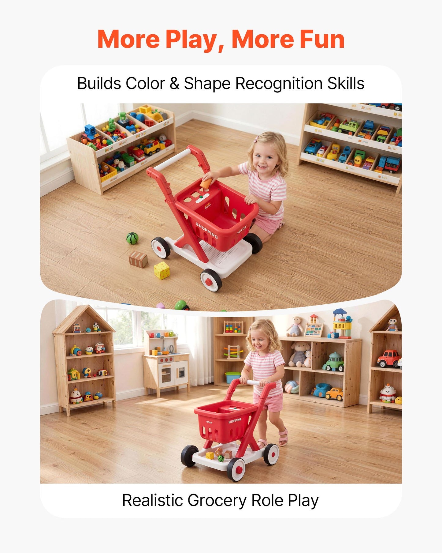 Scan & Sort Kids Shopping Cart, for Kids 2+, Toy Shopping Cart with Pretend Food, Lights & Sound, Pretend Play Grocery Store Toy Trolley, Adjustable Height Baby Push Walker, for Toddlers Ages 2+