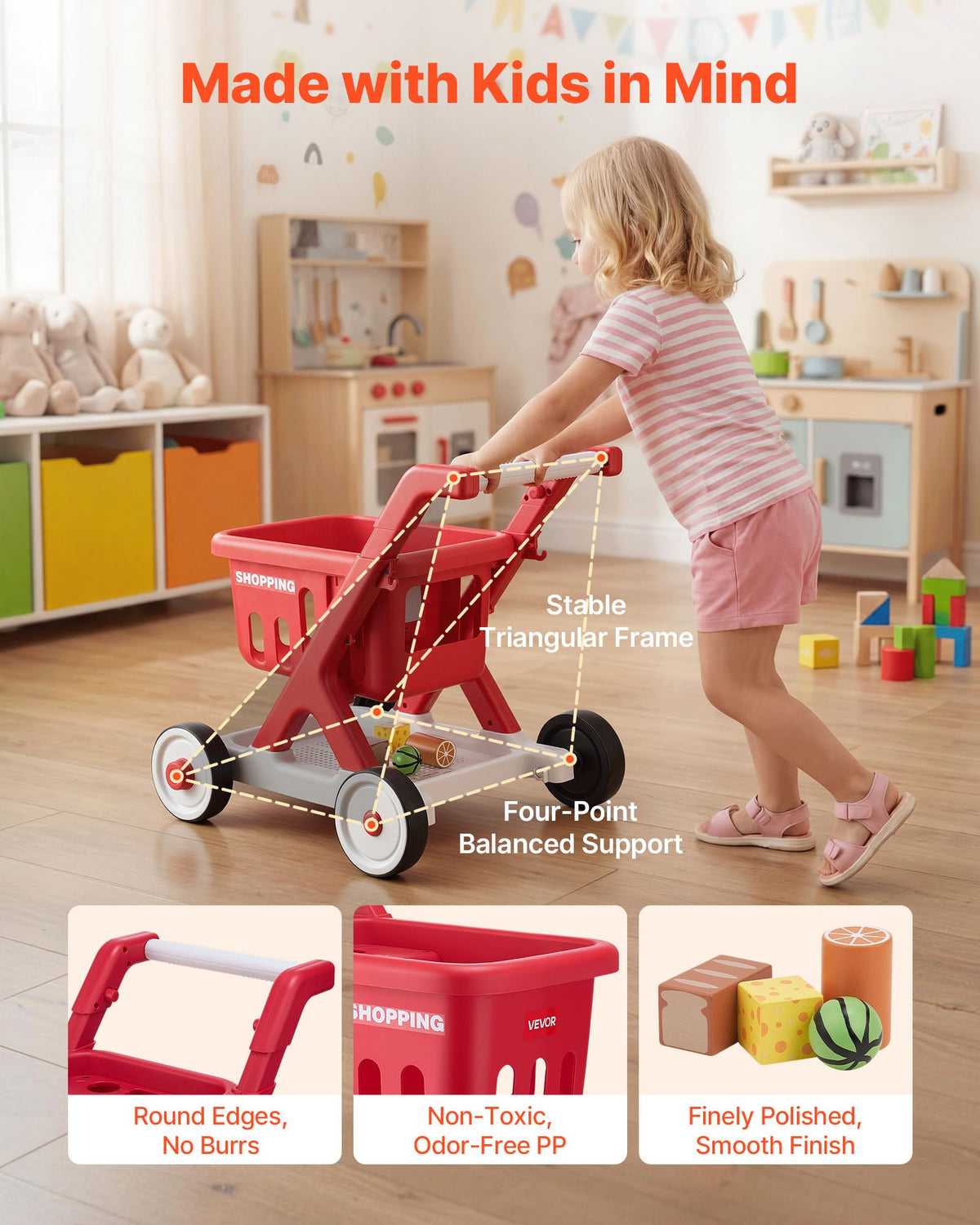 Scan & Sort Kids Shopping Cart, for Kids 2+, Toy Shopping Cart with Pretend Food, Lights & Sound, Pretend Play Grocery Store Toy Trolley, Adjustable Height Baby Push Walker, for Toddlers Ages 2+