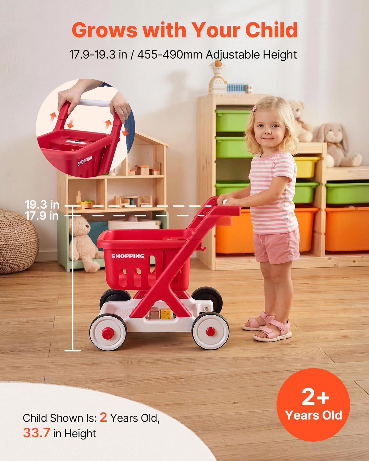 Scan & Sort Kids Shopping Cart, for Kids 2+, Toy Shopping Cart with Pretend Food, Lights & Sound, Pretend Play Grocery Store Toy Trolley, Adjustable Height Baby Push Walker, for Toddlers Ages 2+