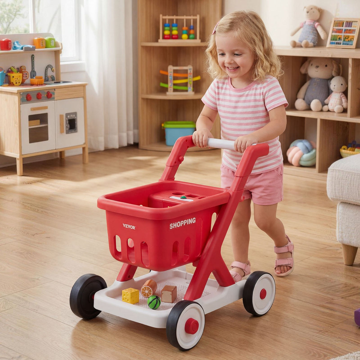 Scan & Sort Kids Shopping Cart, for Kids 2+, Toy Shopping Cart with Pretend Food, Lights & Sound, Pretend Play Grocery Store Toy Trolley, Adjustable Height Baby Push Walker, for Toddlers Ages 2+