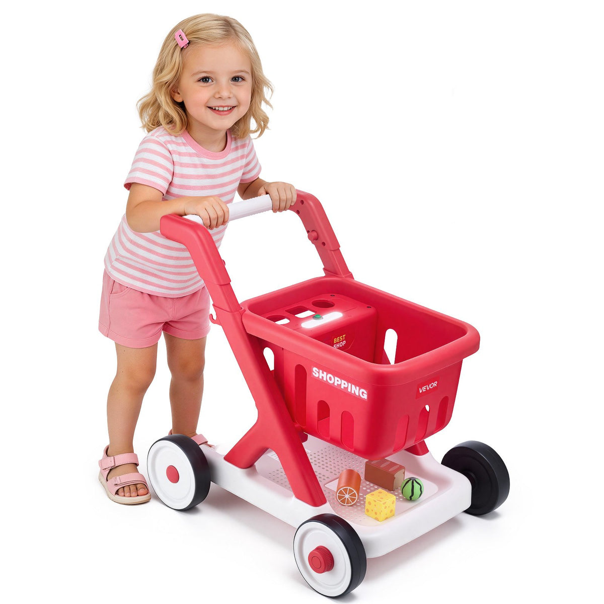 Scan & Sort Kids Shopping Cart, for Kids 2+, Toy Shopping Cart with Pretend Food, Lights & Sound, Pretend Play Grocery Store Toy Trolley, Adjustable Height Baby Push Walker, for Toddlers Ages 2+