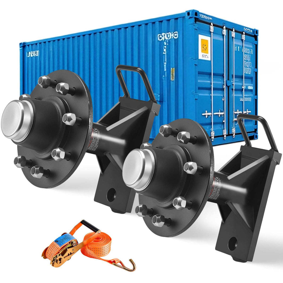 Shipping Container Wheels 8-Lug Wheels Kit, Heavy Duty Shipping Container Axle with Ratchet Tie Down-Moves 6 m-12 m, Secure Transport for Dock, Warehouse, Construction Site, Black