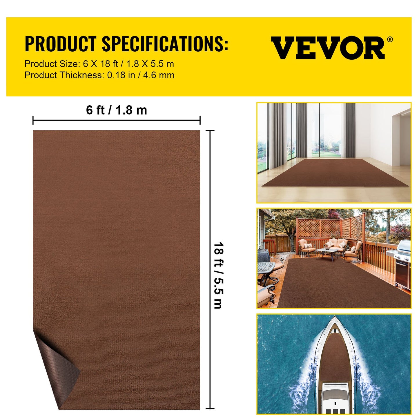 VEVOR Marine Carpet, 6 x 18 ft Boat Carpeting, Deep Brown Marine Grade Boat Carpet,