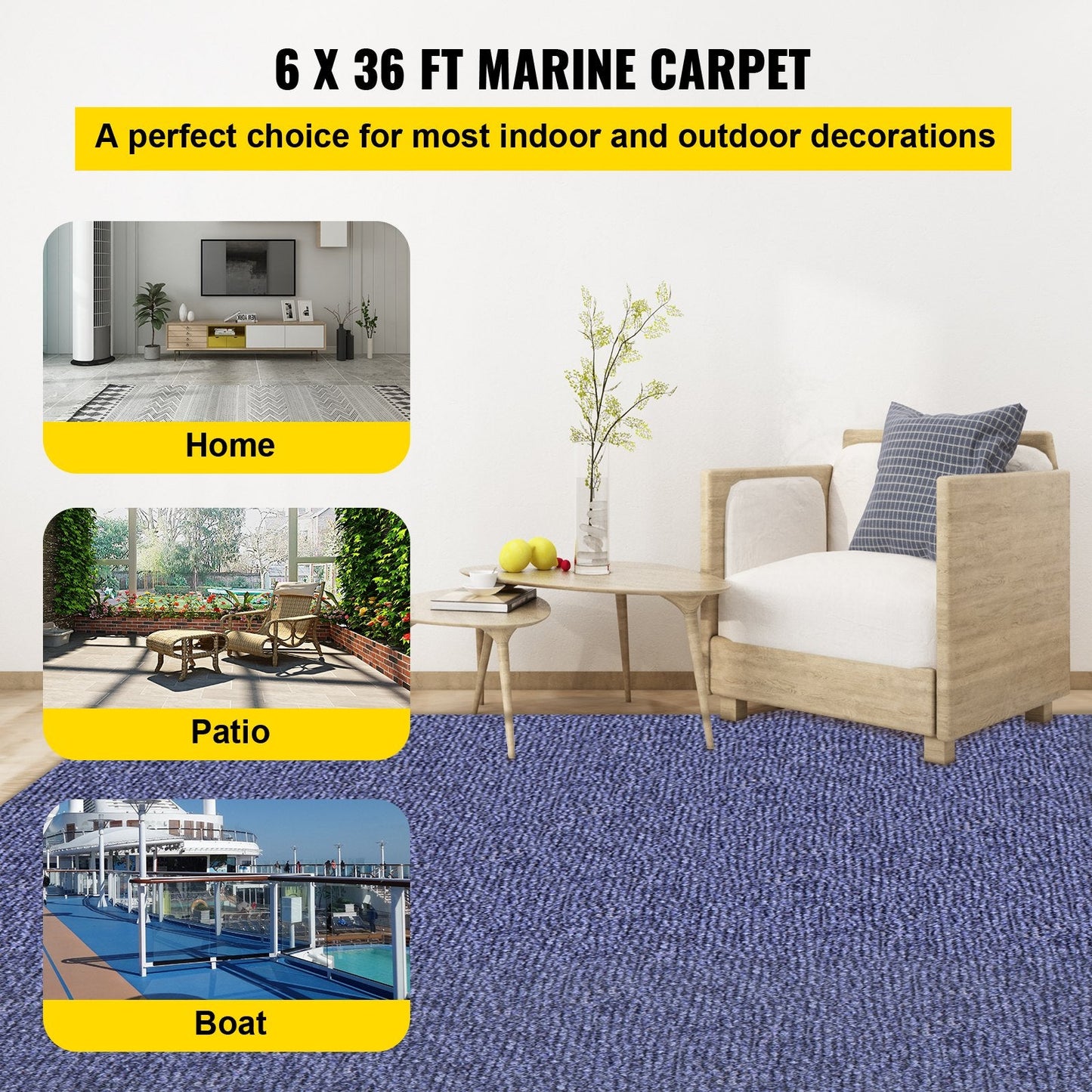 Deep Blue Marine-Grade Carpet 1.8 x 11m, Non-Slip Outdoor Rug for Boats & Patios