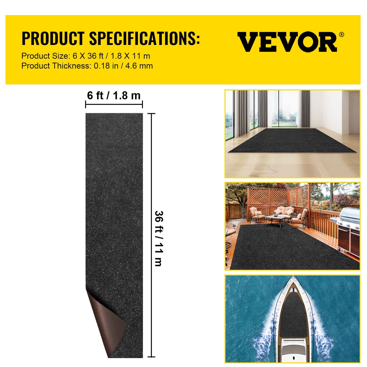VEVOR Marine Carpet, 6 x 36 ft Boat Carpeting, Charcoal Black Marine Grade Boat