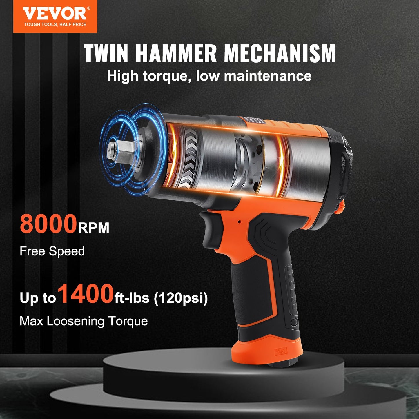 VEVOR 1/2-Inch Air Impact Wrench, High Torque Up to 1400 ft-lbs, Lightweight 4.6