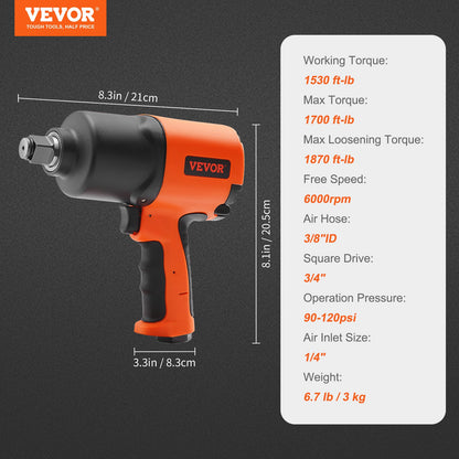 VEVOR Air Impact Wrench, 3/4-Inch Drive Air Impact Gun, Up to 1870ft-lbs Nut-busting