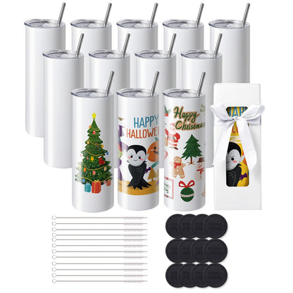12 Pack Stainless Steel Tumblers with Lids & Straws, 591ml for Heat Transfer