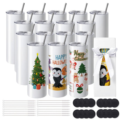 16-Pack Stainless Steel Tumblers with Accessories, 591ml Capacity, for Heat Press