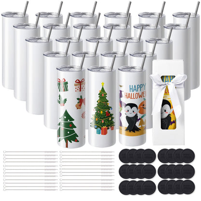 24-Pack Stainless Steel Tumblers with Accessories, 591ml, for Sublimation