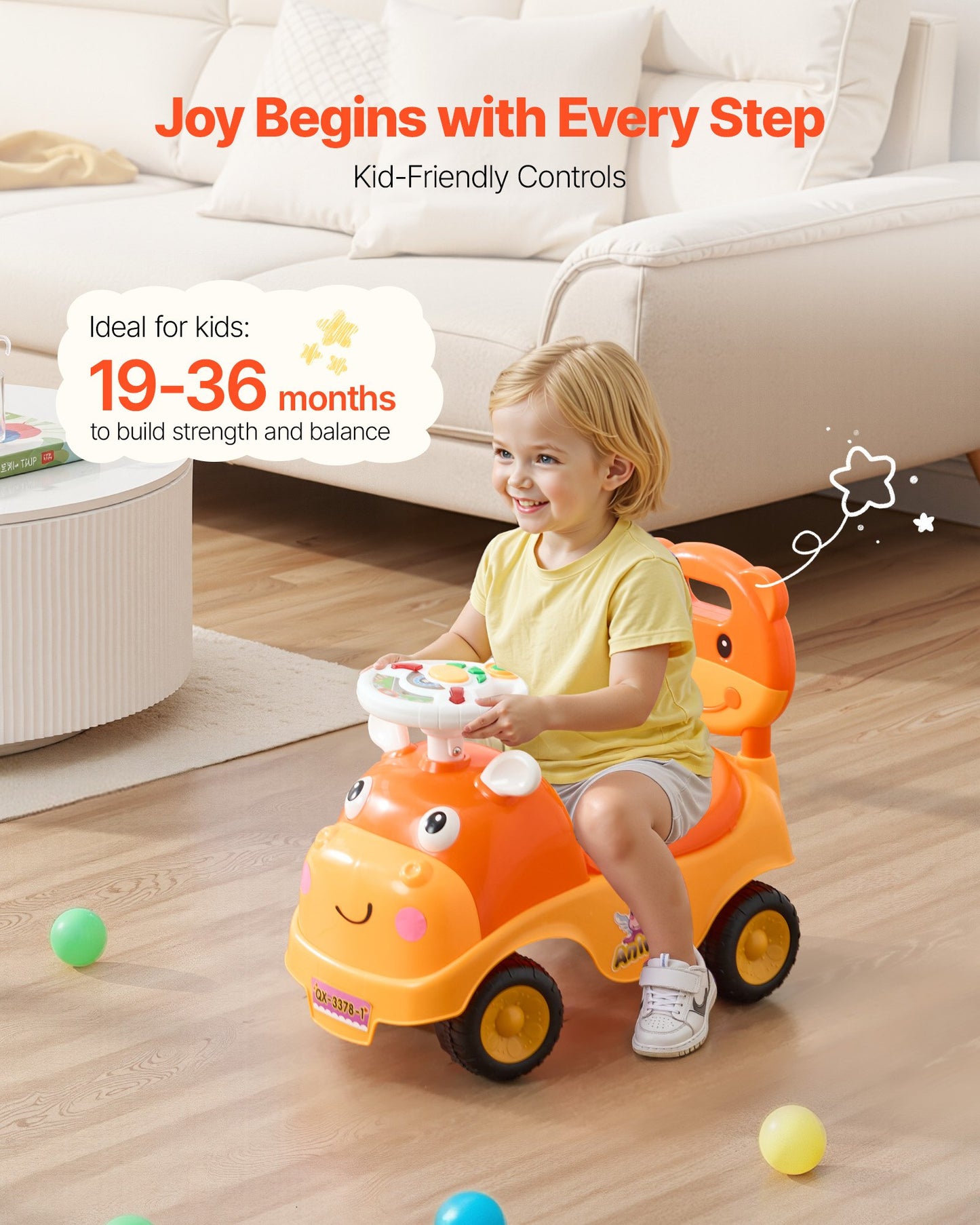 Ride On Toddler Push Car, Push Car for Toddler 19 to 36 Months, Kids Ride On Toy with Horn & Music, 22 kg Load Capacity, Under-seat Storage, Foot-to-Floor Walker for Toddlers Boys Girls
