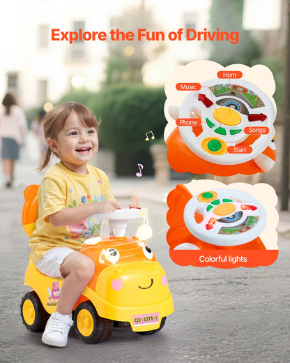 Ride On Toddler Push Car, Push Car for Toddler 19 to 36 Months, Kids Ride On Toy with Horn & Music, 22 kg Load Capacity, Under-seat Storage, Foot-to-Floor Walker for Toddlers Boys Girls