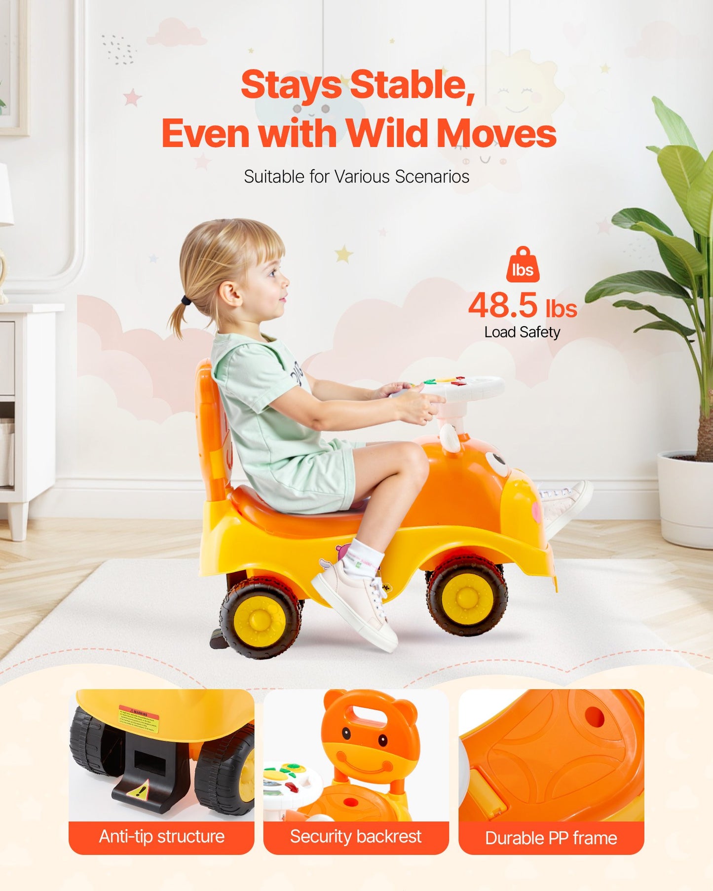 Ride On Toddler Push Car, Push Car for Toddler 19 to 36 Months, Kids Ride On Toy with Horn & Music, 22 kg Load Capacity, Under-seat Storage, Foot-to-Floor Walker for Toddlers Boys Girls