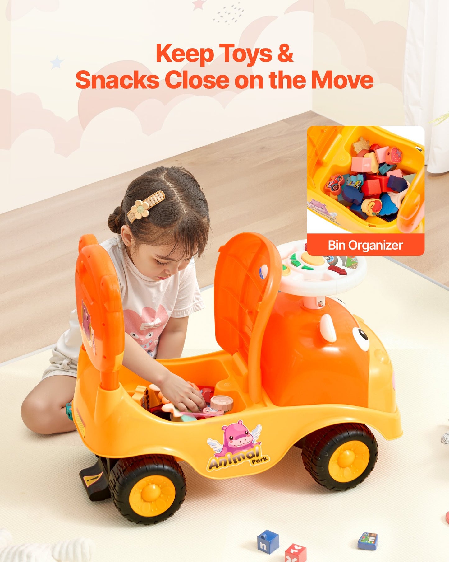 Ride On Toddler Push Car, Push Car for Toddler 19 to 36 Months, Kids Ride On Toy with Horn & Music, 22 kg Load Capacity, Under-seat Storage, Foot-to-Floor Walker for Toddlers Boys Girls