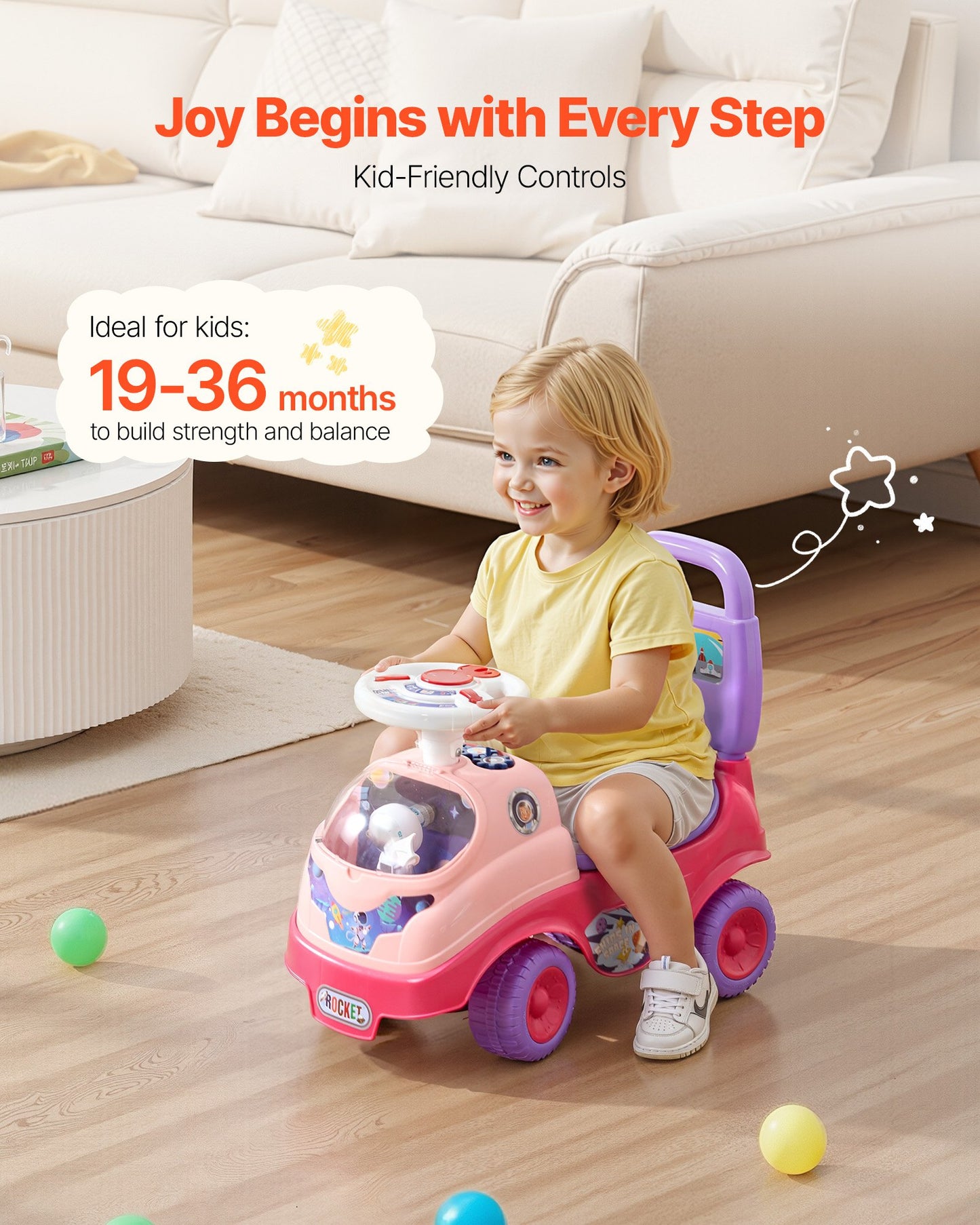Ride On Toddler Push Car, Push Car for Toddler 19 to 36 Months, Kids Ride On Toy with Horn & Music, 22 kg Load Capacity, Under-seat Storage, Foot-to-Floor Walker for Toddlers Boys Girls, Pink