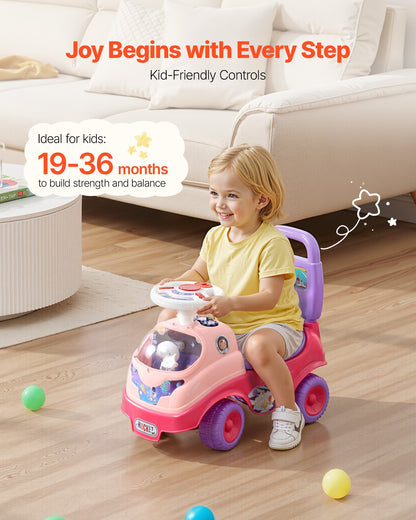 Ride On Toddler Push Car, Push Car for Toddler 19 to 36 Months, Kids Ride On Toy with Horn & Music, 22 kg Load Capacity, Under-seat Storage, Foot-to-Floor Walker for Toddlers Boys Girls, Pink