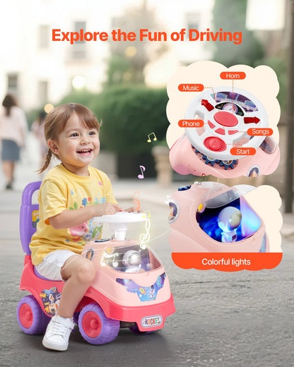 Ride On Toddler Push Car, Push Car for Toddler 19 to 36 Months, Kids Ride On Toy with Horn & Music, 22 kg Load Capacity, Under-seat Storage, Foot-to-Floor Walker for Toddlers Boys Girls, Pink