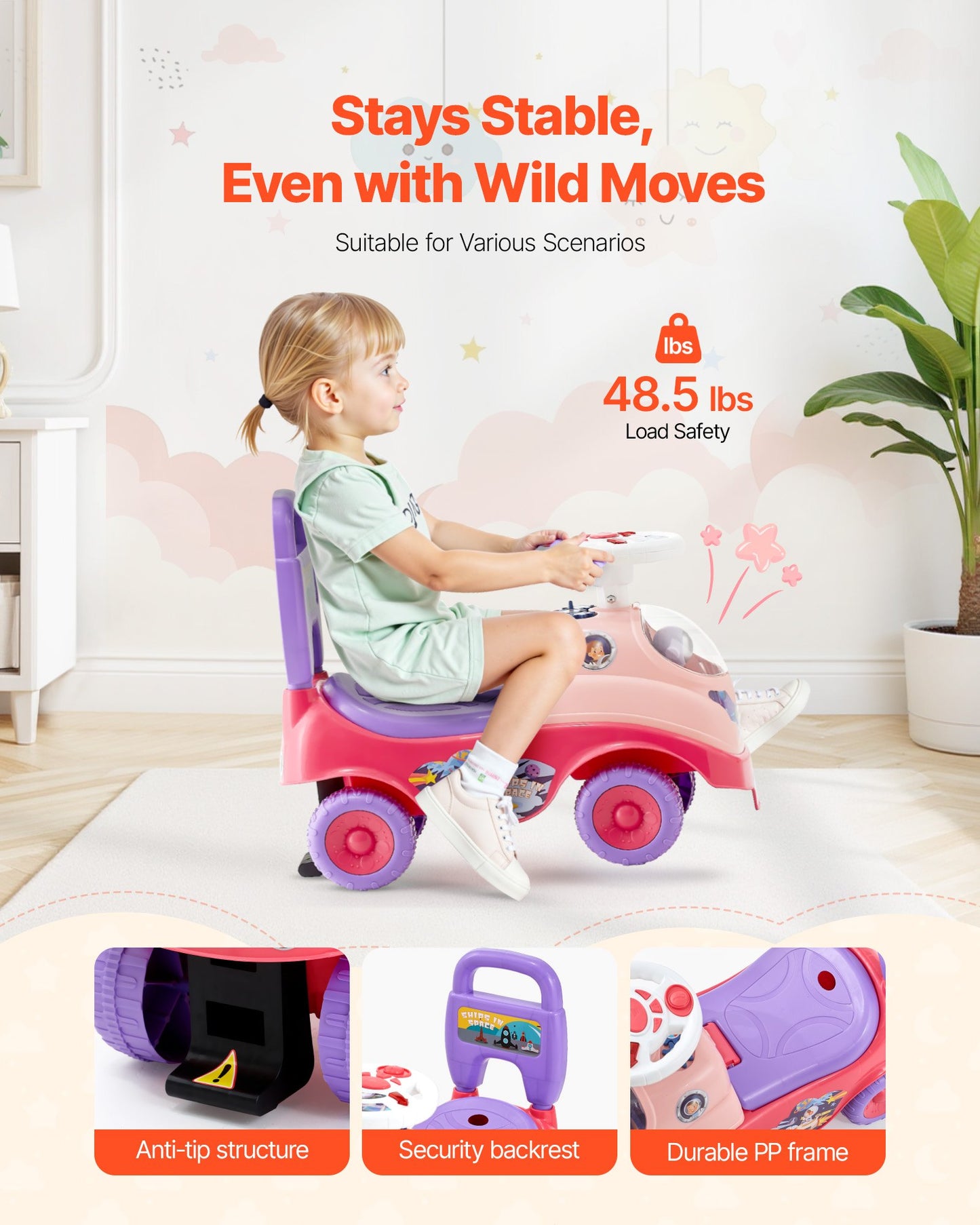 Ride On Toddler Push Car, Push Car for Toddler 19 to 36 Months, Kids Ride On Toy with Horn & Music, 22 kg Load Capacity, Under-seat Storage, Foot-to-Floor Walker for Toddlers Boys Girls, Pink