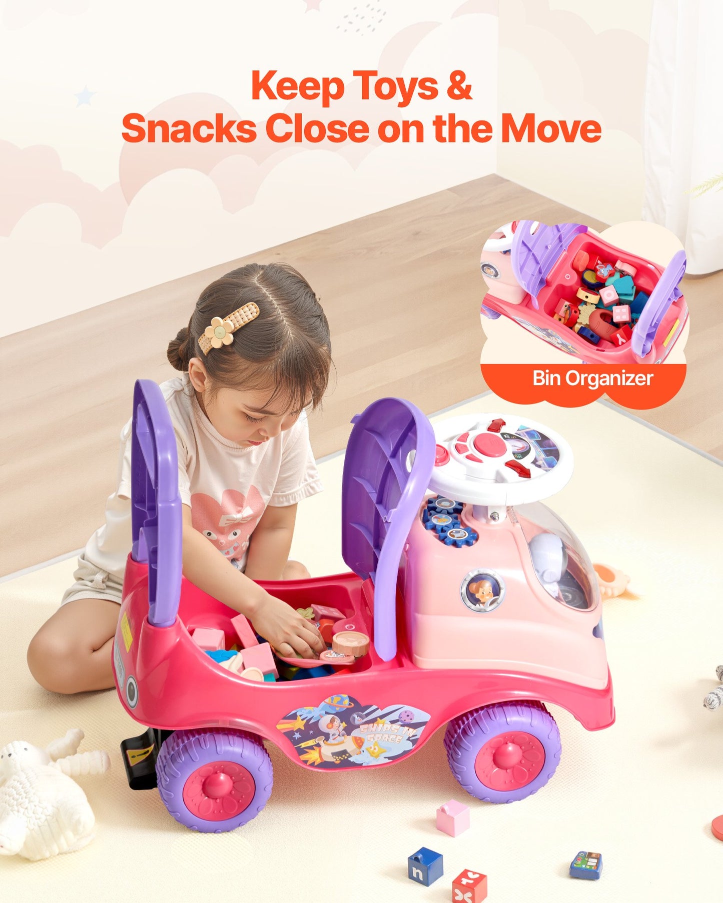 Ride On Toddler Push Car, Push Car for Toddler 19 to 36 Months, Kids Ride On Toy with Horn & Music, 22 kg Load Capacity, Under-seat Storage, Foot-to-Floor Walker for Toddlers Boys Girls, Pink