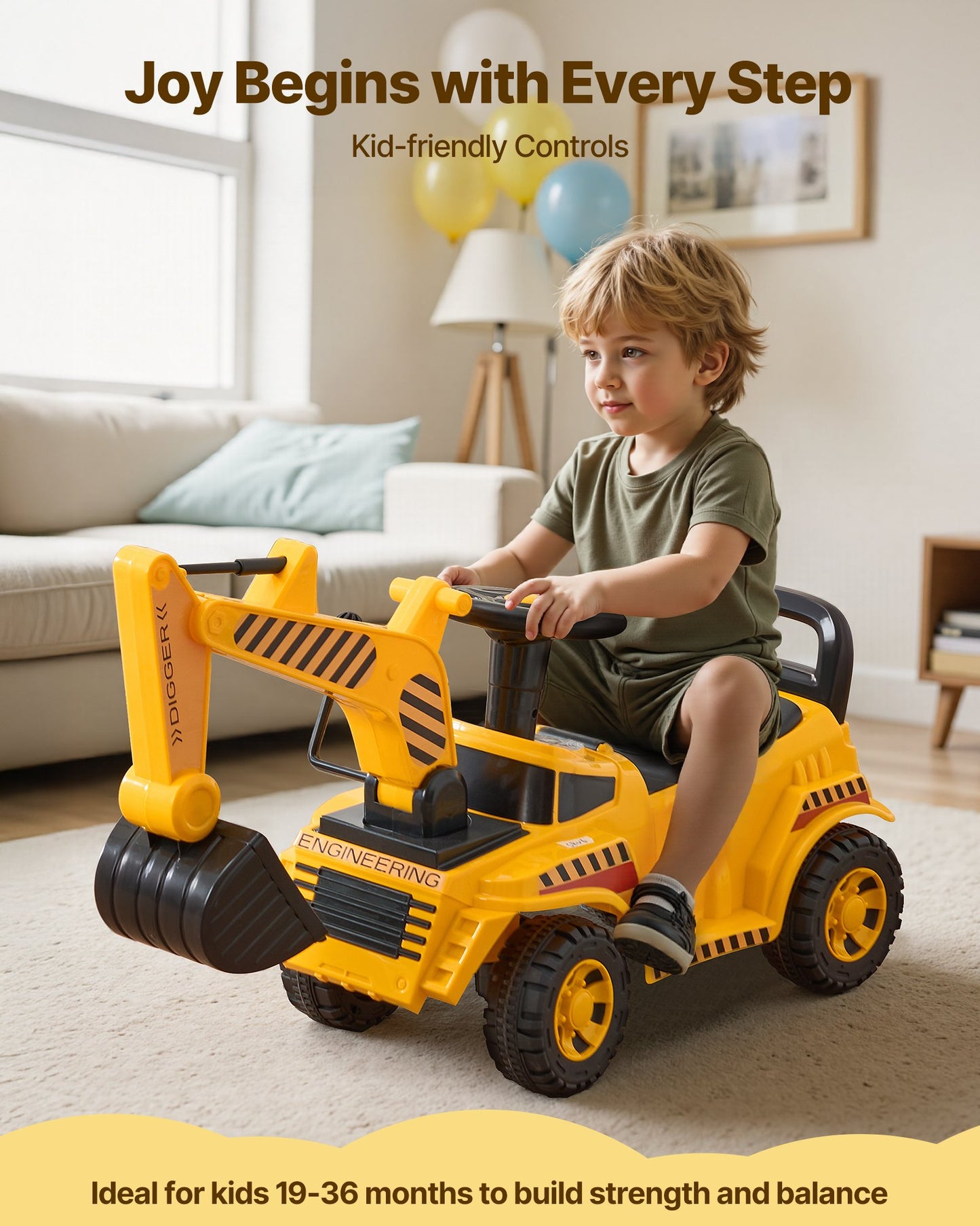Ride On Toddler Car, Push Car for Toddler 19 to 36 Months, Excavator Digger Toy with Helmet & Music, 25 kg Load Capacity, Foot-to-Floor Walker for Kids, Yellow
