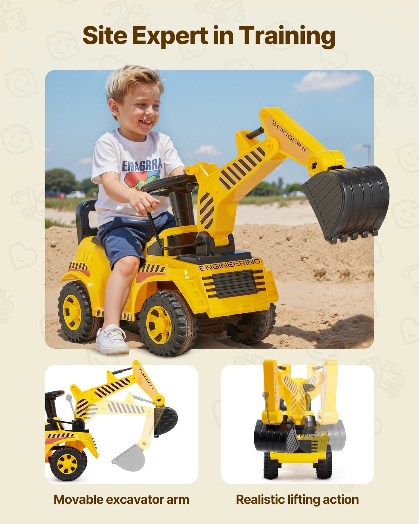 Ride On Toddler Car, Push Car for Toddler 19 to 36 Months, Excavator Digger Toy with Helmet & Music, 25 kg Load Capacity, Foot-to-Floor Walker for Kids, Yellow