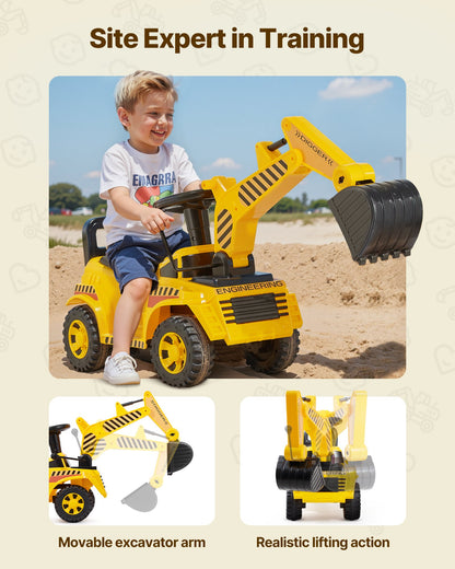 Ride On Toddler Car, Push Car for Toddler 19 to 36 Months, Excavator Digger Toy with Helmet & Music, 25 kg Load Capacity, Foot-to-Floor Walker for Kids, Yellow