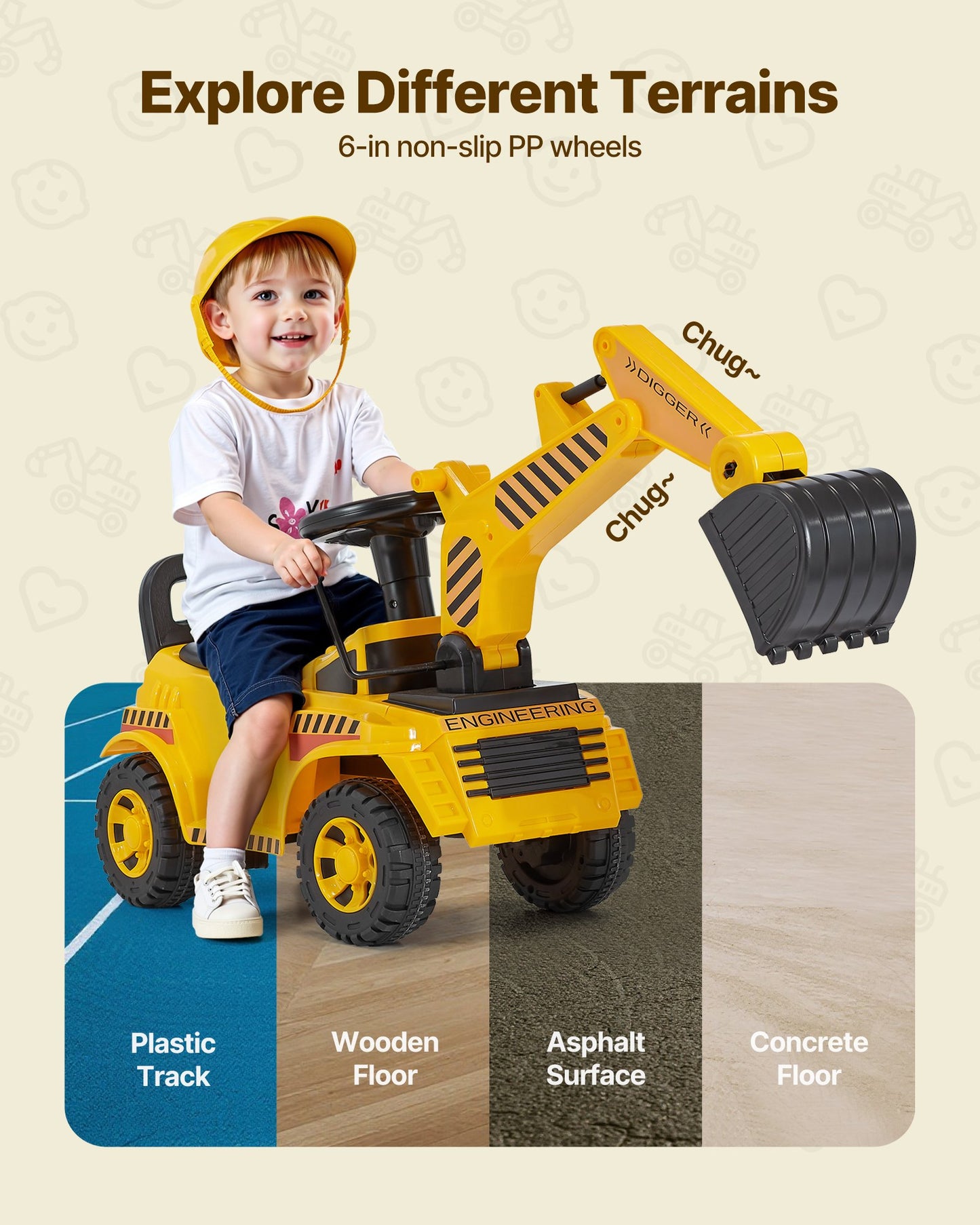 Ride On Toddler Car, Push Car for Toddler 19 to 36 Months, Excavator Digger Toy with Helmet & Music, 25 kg Load Capacity, Foot-to-Floor Walker for Kids, Yellow