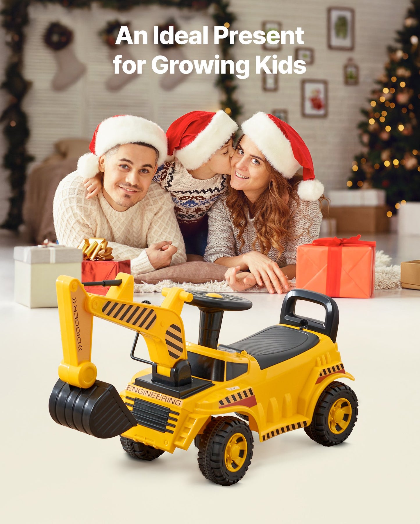 Ride On Toddler Car, Push Car for Toddler 19 to 36 Months, Excavator Digger Toy with Helmet & Music, 25 kg Load Capacity, Foot-to-Floor Walker for Kids, Yellow