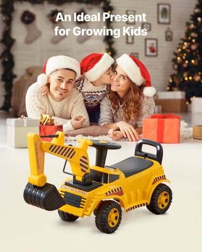 Ride On Toddler Car, Push Car for Toddler 19 to 36 Months, Excavator Digger Toy with Helmet & Music, 25 kg Load Capacity, Foot-to-Floor Walker for Kids, Yellow