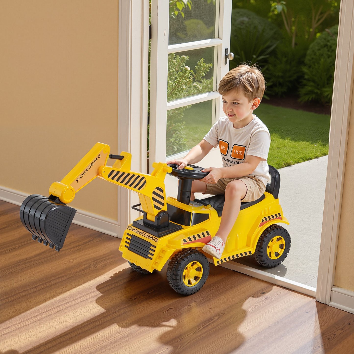Ride On Toddler Car, Push Car for Toddler 19 to 36 Months, Excavator Digger Toy with Helmet & Music, 25 kg Load Capacity, Foot-to-Floor Walker for Kids, Yellow