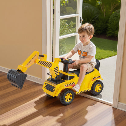 Ride On Toddler Car, Push Car for Toddler 19 to 36 Months, Excavator Digger Toy with Helmet & Music, 25 kg Load Capacity, Foot-to-Floor Walker for Kids, Yellow