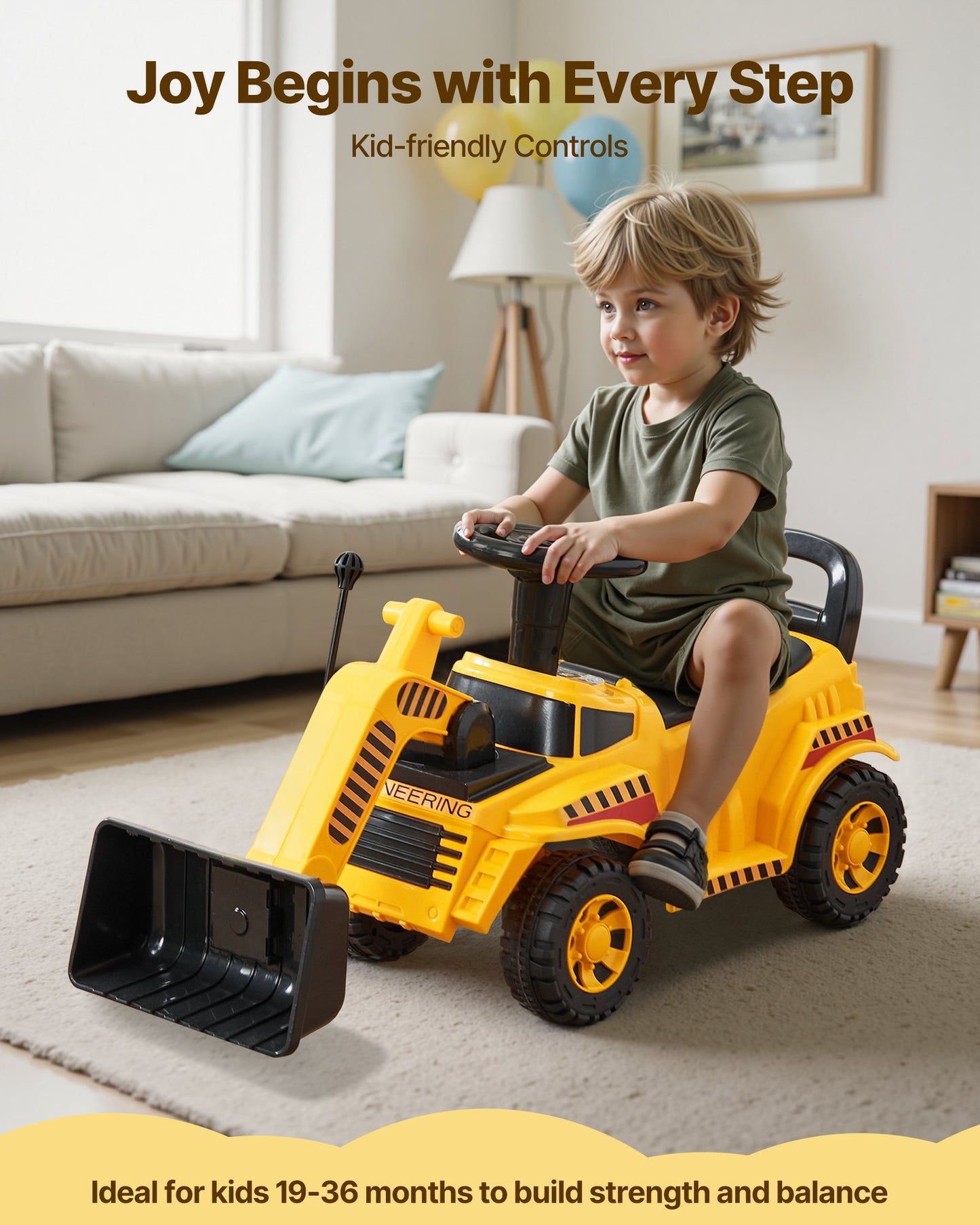 Ride On Toddler Car, Ride on Excavator Car for Toddler 19 to 36 Months, Excavator Bulldozer Digger Toy with Under-seat Storage & Music, 25 kg Load Capacity, Foot-to-Floor Walker for Kid, Yellow