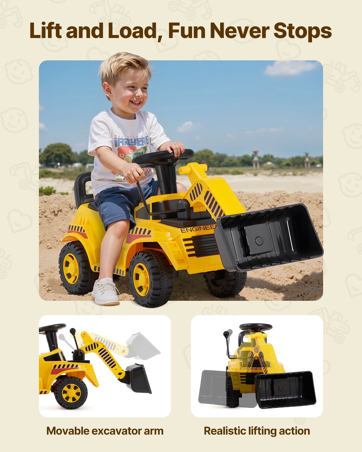 Ride On Toddler Car, Ride on Excavator Car for Toddler 19 to 36 Months, Excavator Bulldozer Digger Toy with Under-seat Storage & Music, 25 kg Load Capacity, Foot-to-Floor Walker for Kid, Yellow