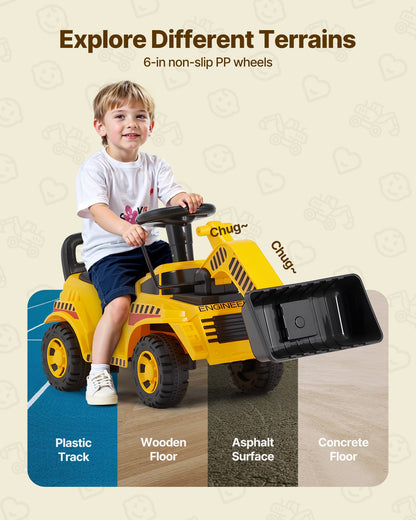 Ride On Toddler Car, Ride on Excavator Car for Toddler 19 to 36 Months, Excavator Bulldozer Digger Toy with Under-seat Storage & Music, 25 kg Load Capacity, Foot-to-Floor Walker for Kid, Yellow