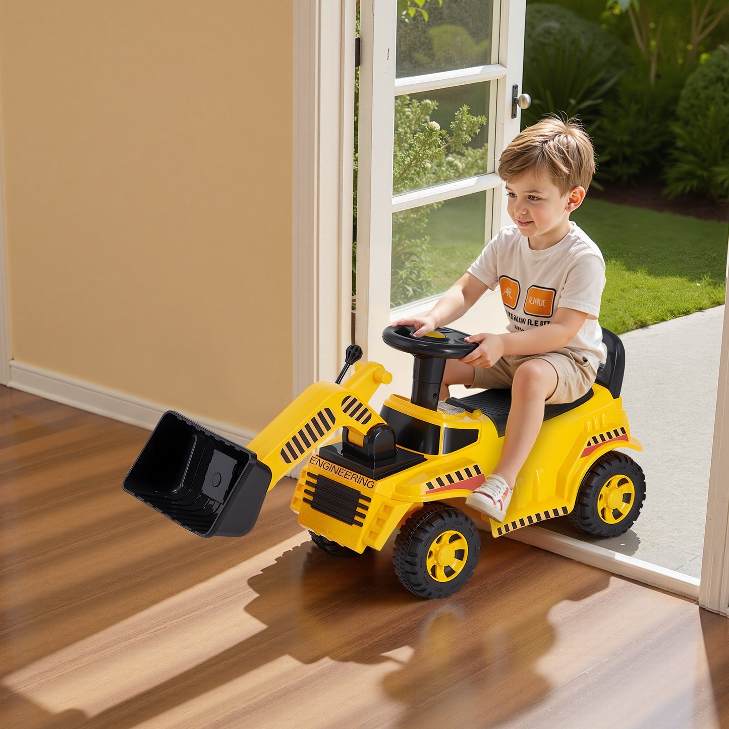 Ride On Toddler Car, Ride on Excavator Car for Toddler 19 to 36 Months, Excavator Bulldozer Digger Toy with Under-seat Storage & Music, 25 kg Load Capacity, Foot-to-Floor Walker for Kid, Yellow
