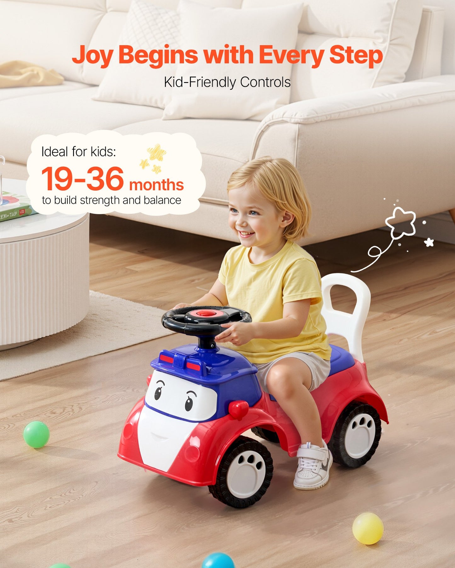 Ride On Toddler Push Car, Push Car for Toddler 19 to 36 Months, Kids Ride On Toy with Music & Under-seat Storage, 25 kg Load Capacity, Foot-to-Floor Walker for Toddlers Boys Girls, Red