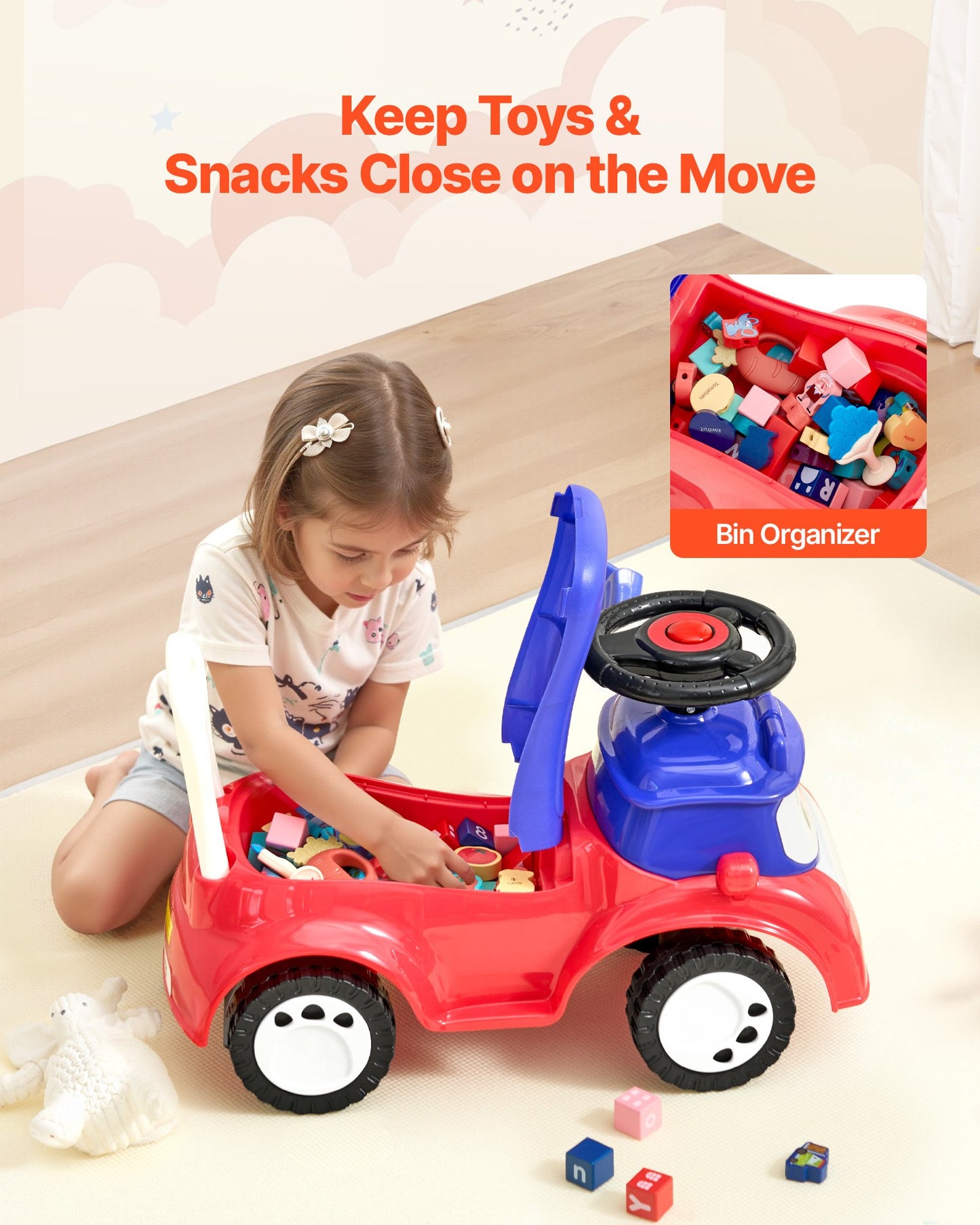 Ride On Toddler Push Car, Push Car for Toddler 19 to 36 Months, Kids Ride On Toy with Music & Under-seat Storage, 25 kg Load Capacity, Foot-to-Floor Walker for Toddlers Boys Girls, Red
