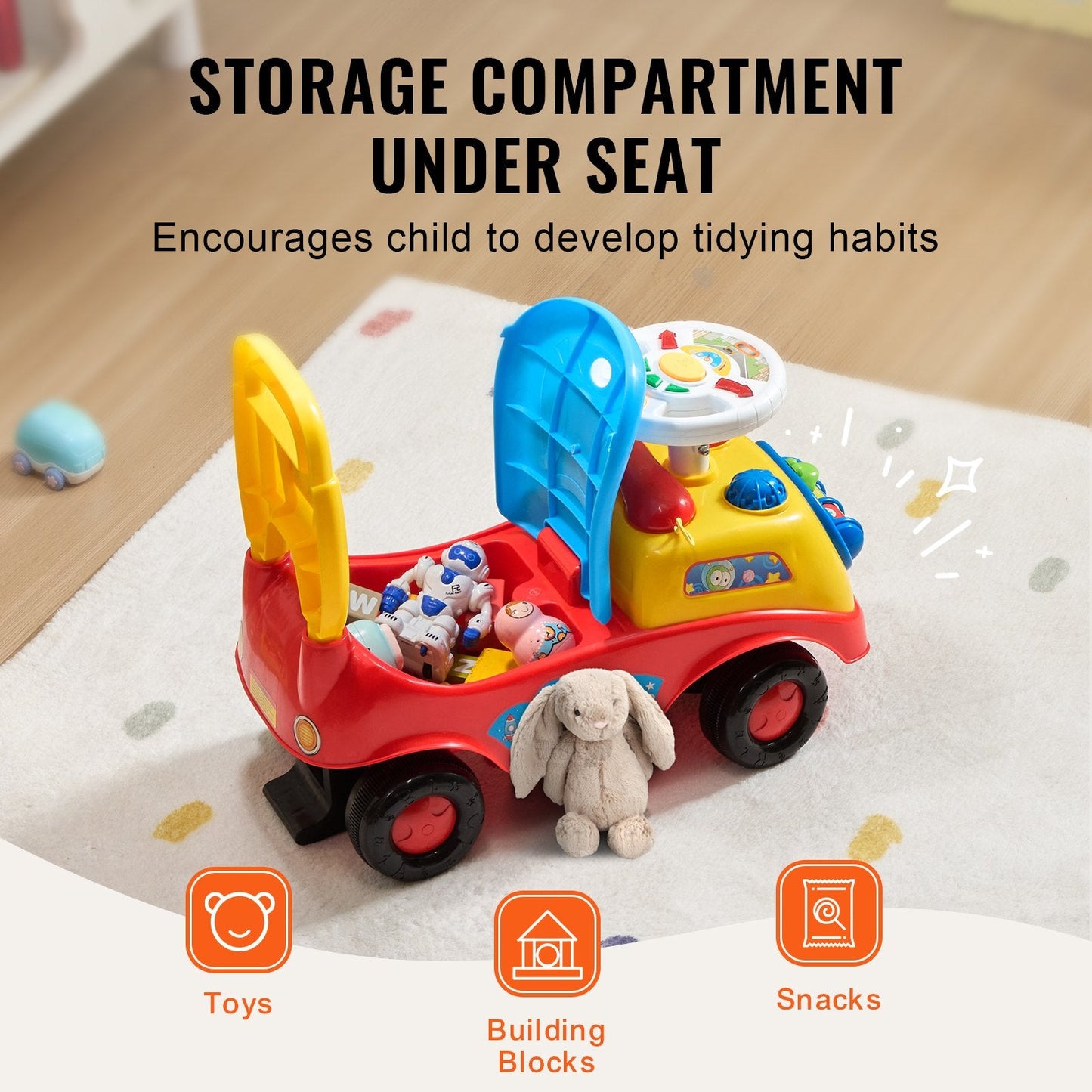 Toddler Ride-On Car with Music, Steering Wheel & Storage, Ages 1-3, Multicolored