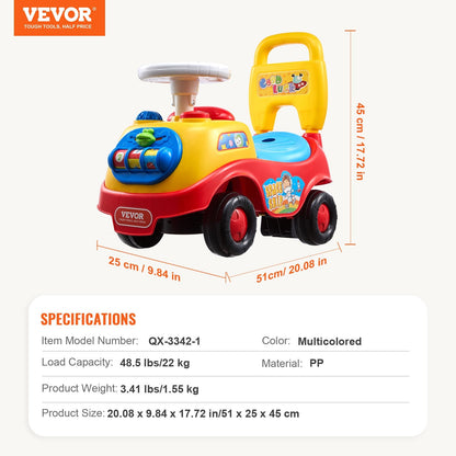 Toddler Ride-On Car with Music, Steering Wheel & Storage, Ages 1-3, Multicolored