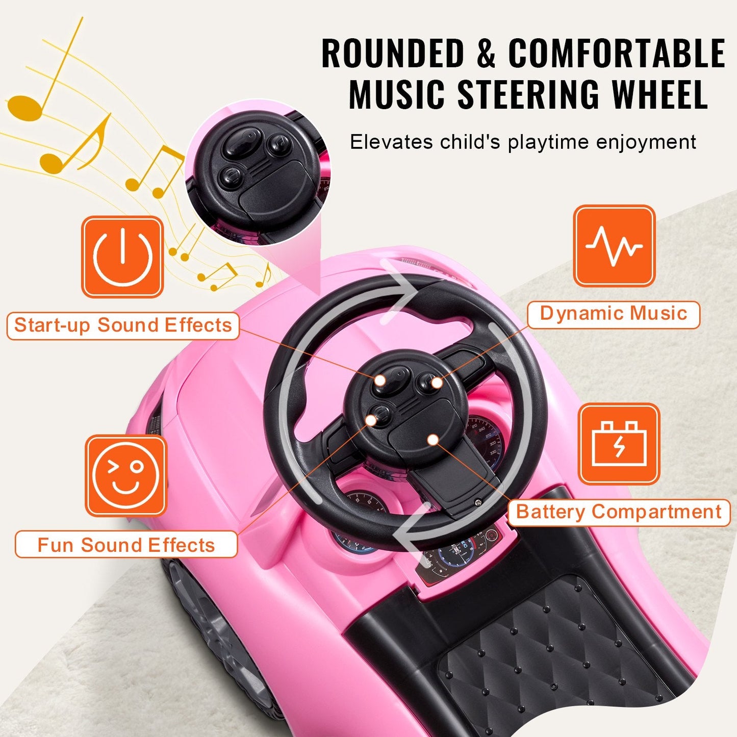 Toddler Push Car with Music Steering & Storage, Ages 1-3, Pink, 22 kg Capacity