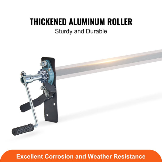 Aluminum alloy hand crank tarp roller adjusts from 64 to 104 inches for different truck widths