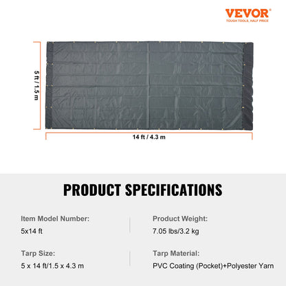VEVOR Dump Truck Mesh Tarp, 5 x 14 ft, PVC Coated Black Heavy Duty Cover with 5.5"